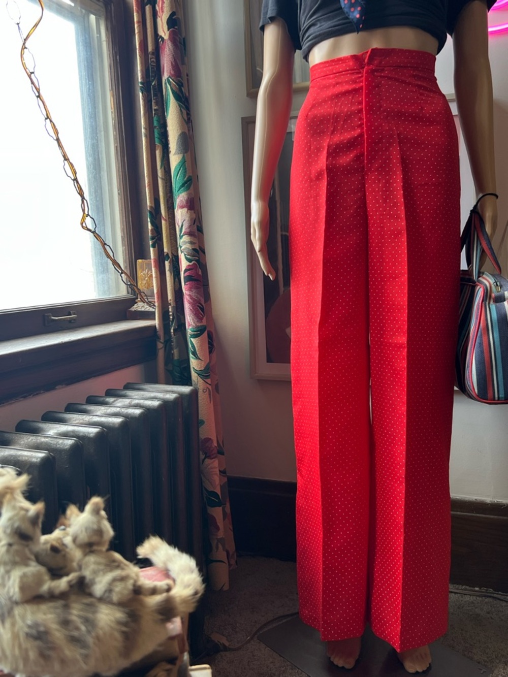 Vintage Handmade Wide Leg Red Polka-Dot Pants - Women's Stylish High-Rise - Picture 4 of 16